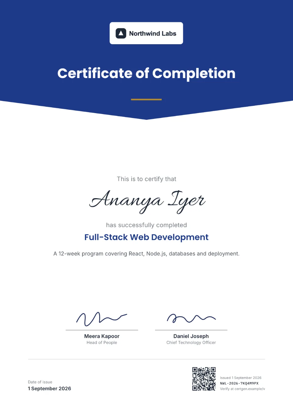 Certificate of Completion template – Meridian design