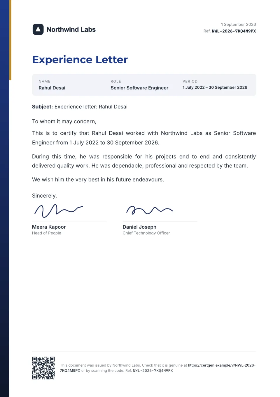 Experience Letter template – Slate design