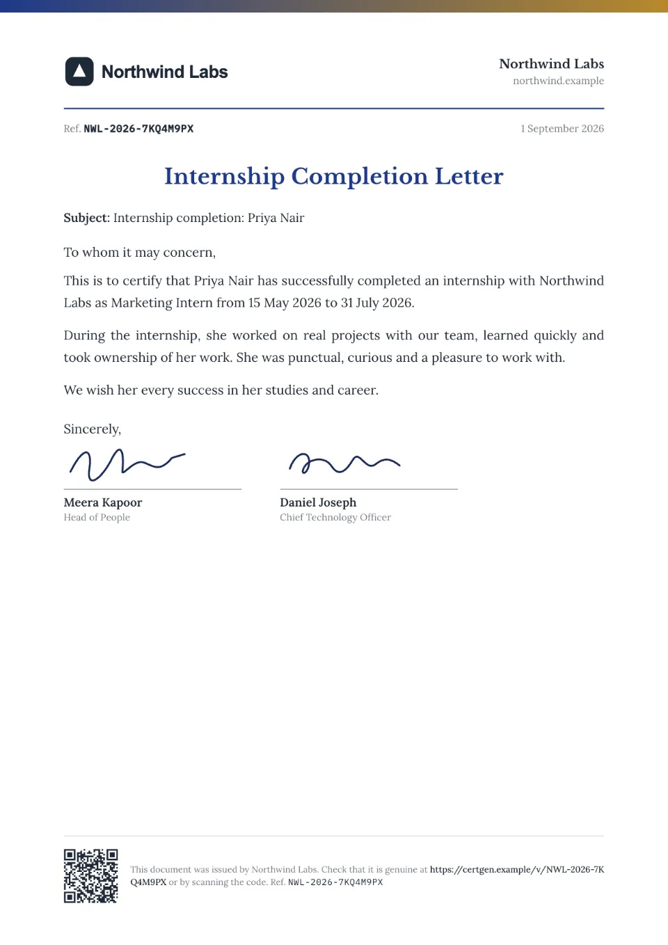 Internship Completion Letter template