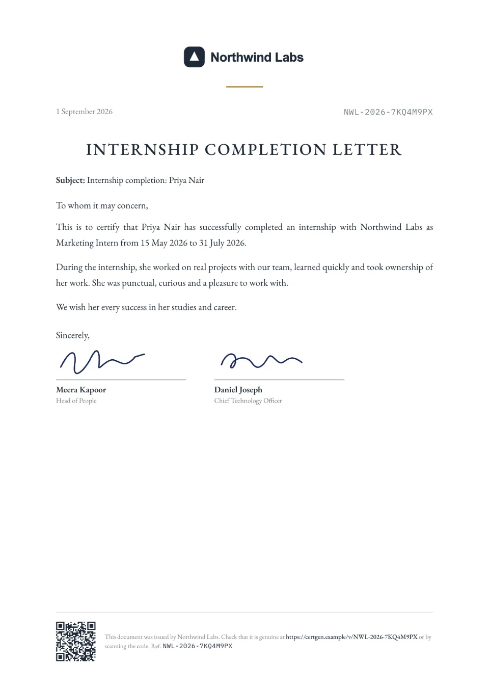 Internship Completion Letter template – Paper design