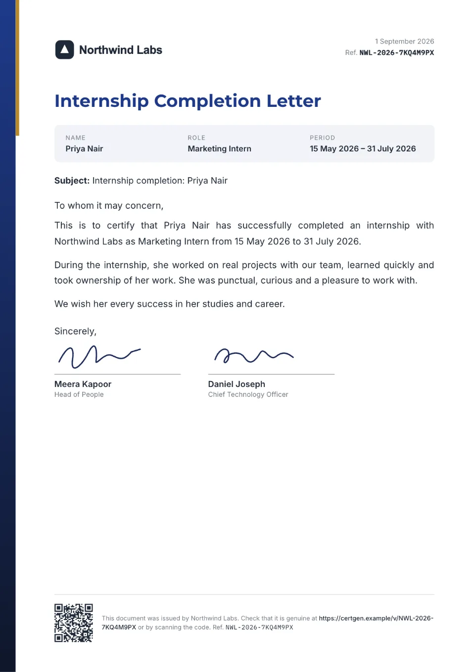 Internship Completion Letter template – Slate design