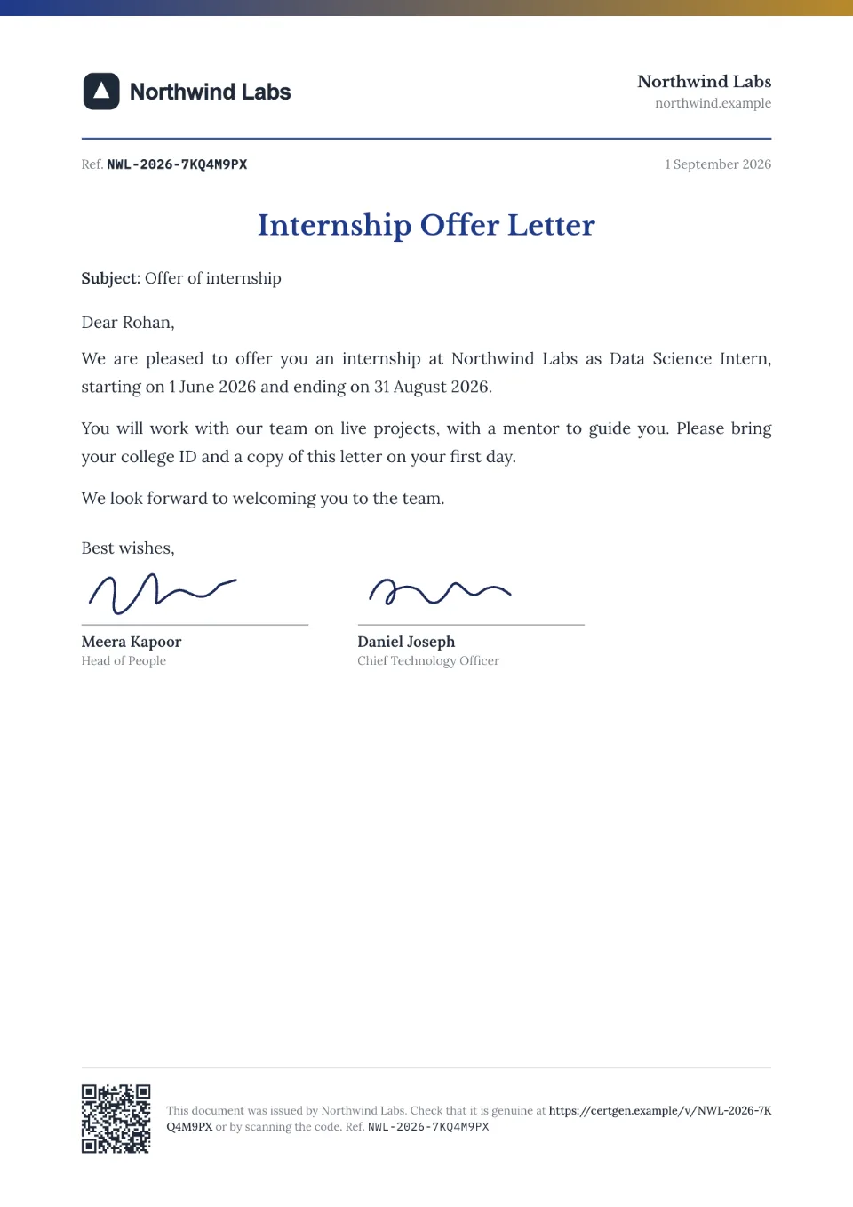 Internship Offer Letter template