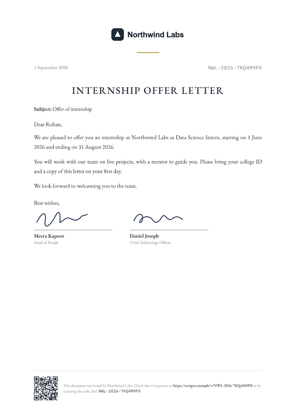 Internship Offer Letter template – Paper design