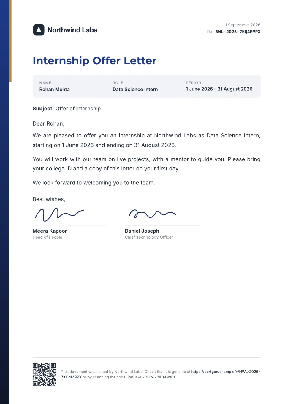 Internship Offer Letter template – Slate design