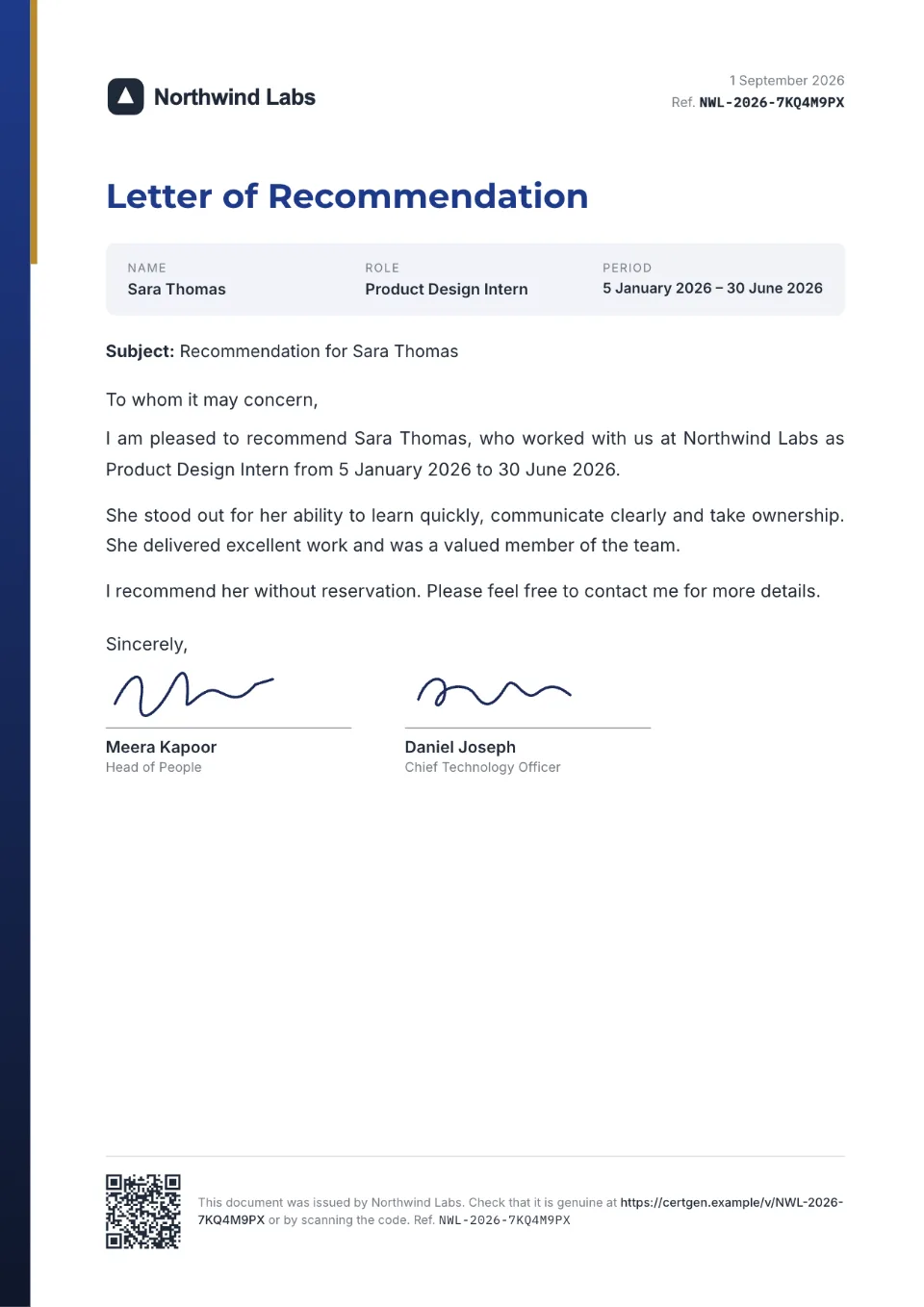 Recommendation Letter template – Slate design