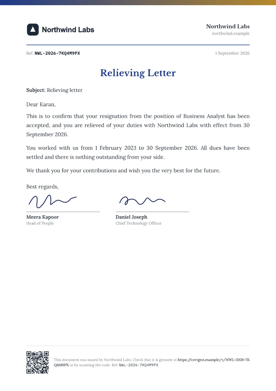Relieving Letter template