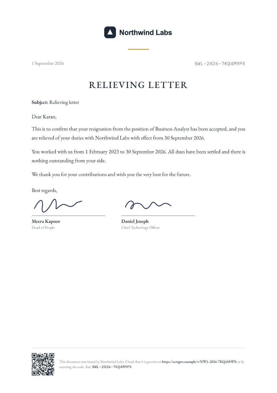 Relieving Letter template – Paper design