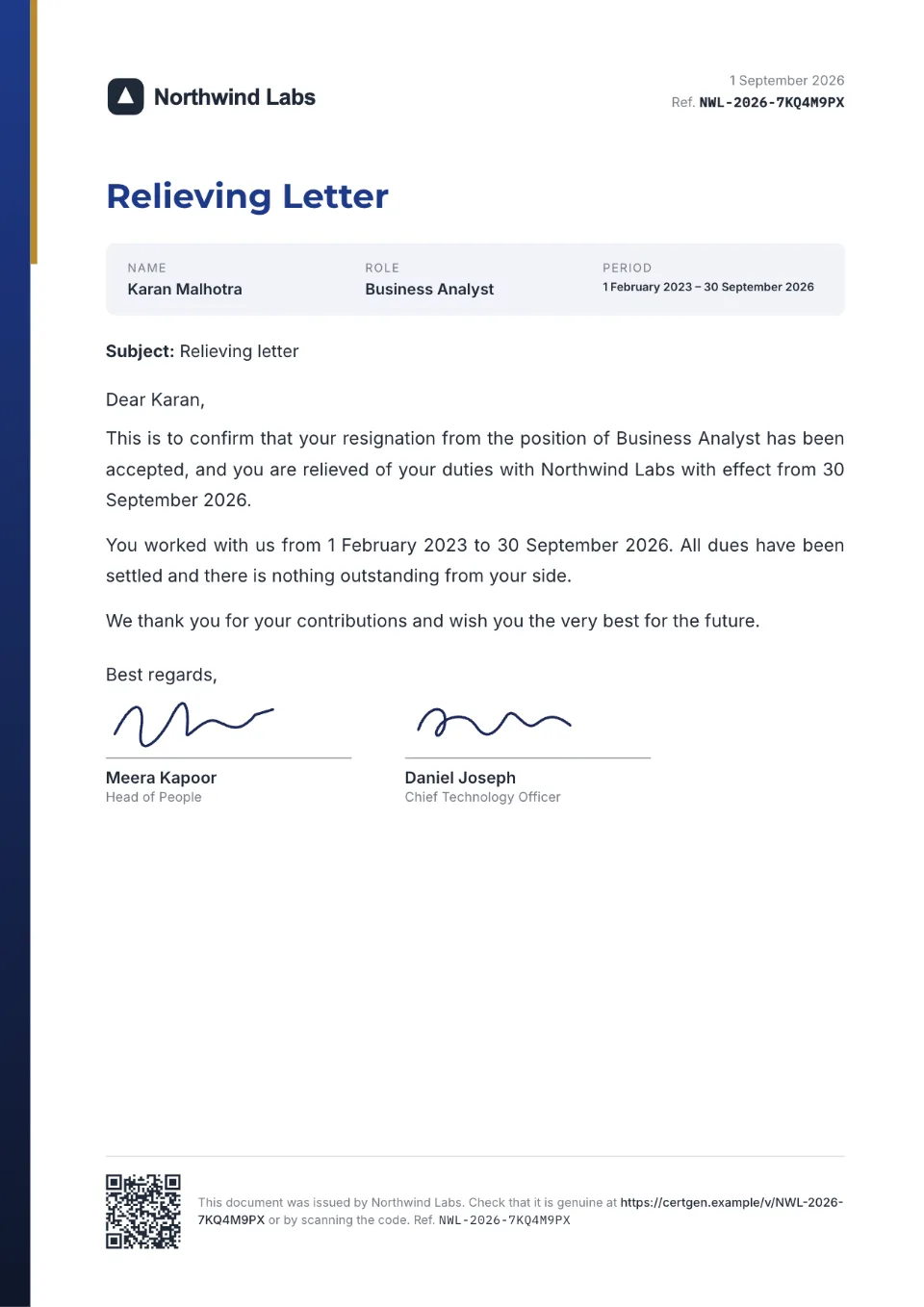Relieving Letter template – Slate design